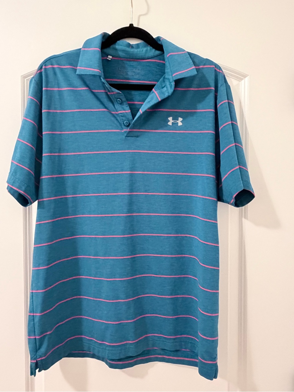 Mens Under Armour Heatgear Golf Polo Shirt Teal with Pink Stripes Size Large